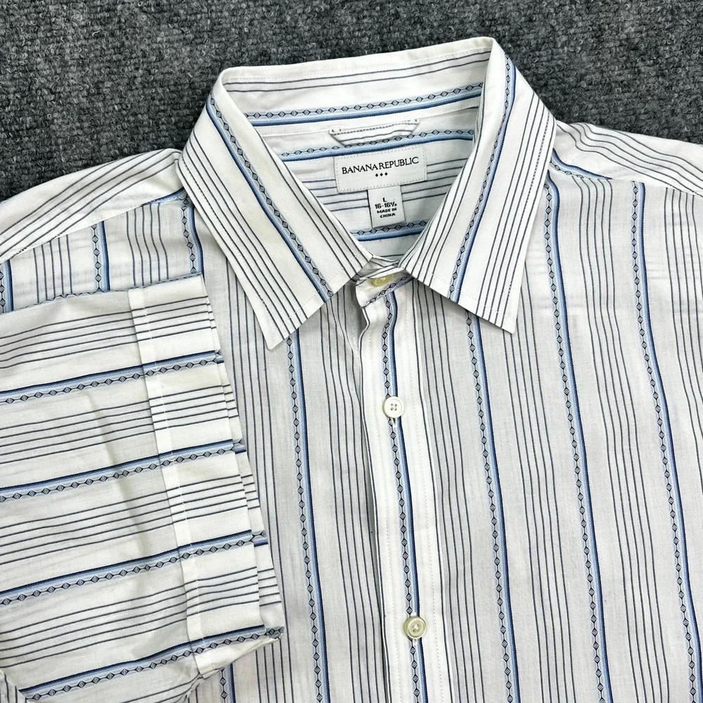 Banana Republic White Blue Striped Button Down Shirt Size L 16-16-1/2